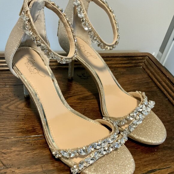 Jewel Badgley Mischka Caroline Embellished Strap Evening Shoes Champagne 9.5 - Picture 2 of 7